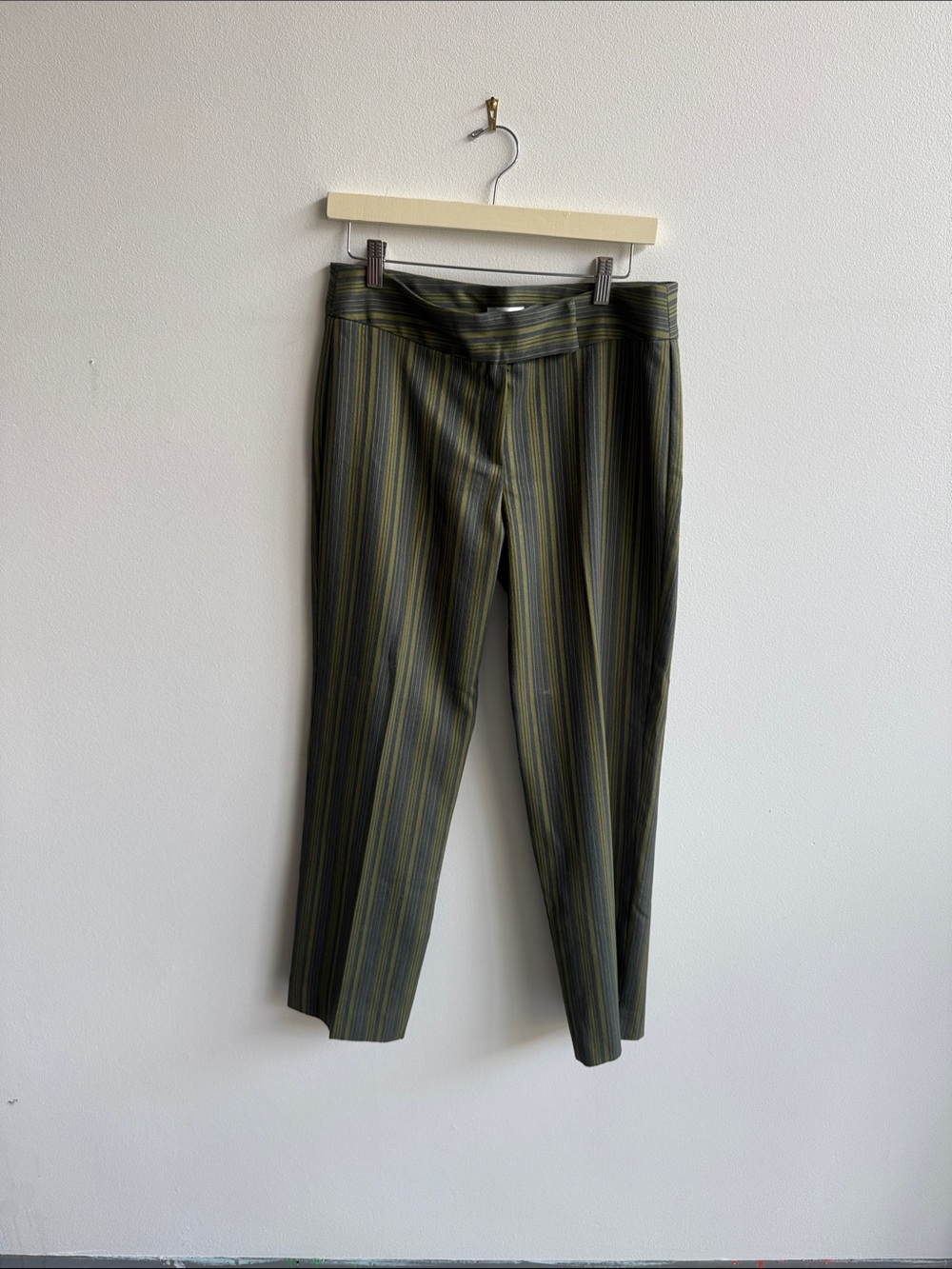 Slim-Fit Olive Green Striped Dress Pants